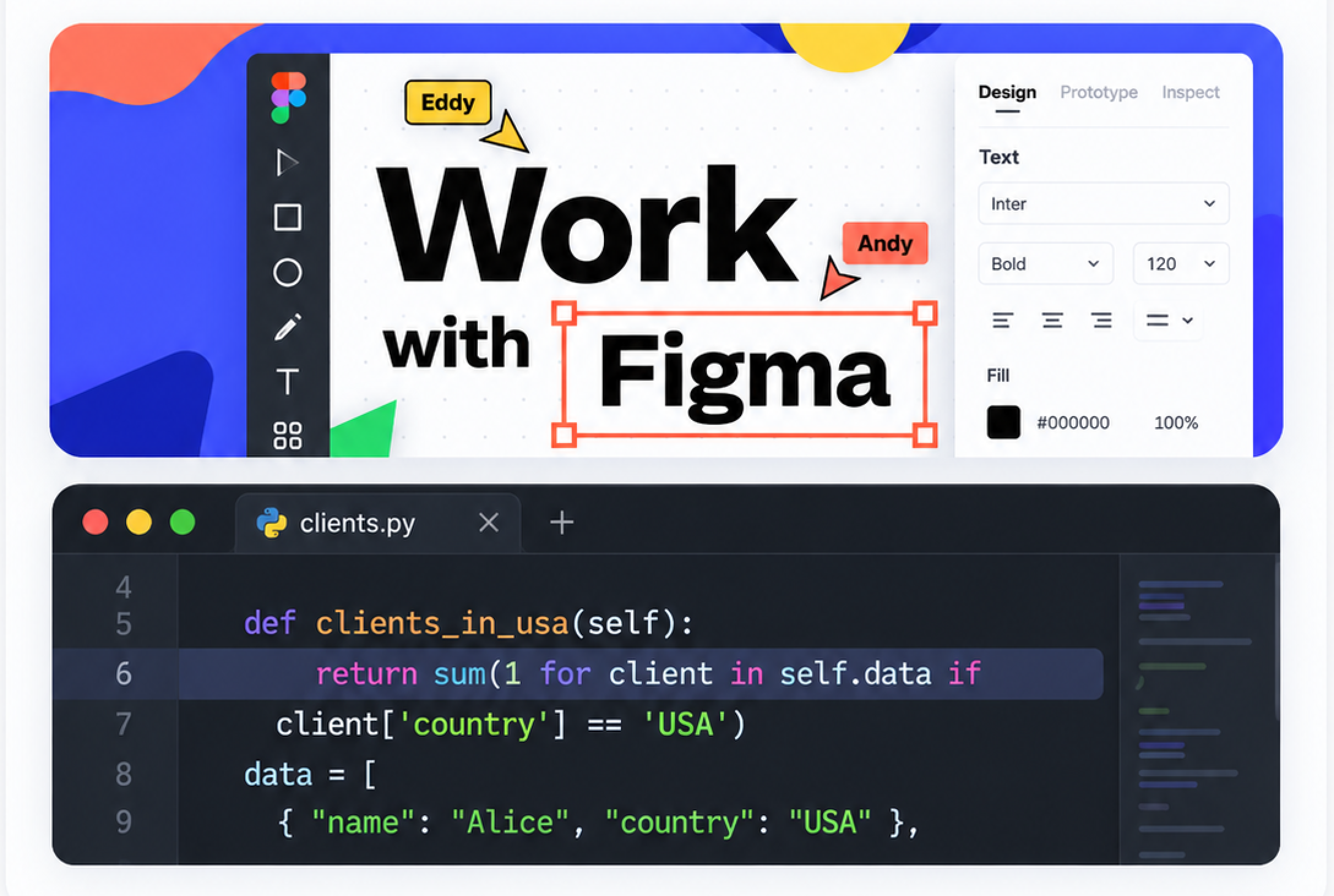 A Figma design next to the matching code